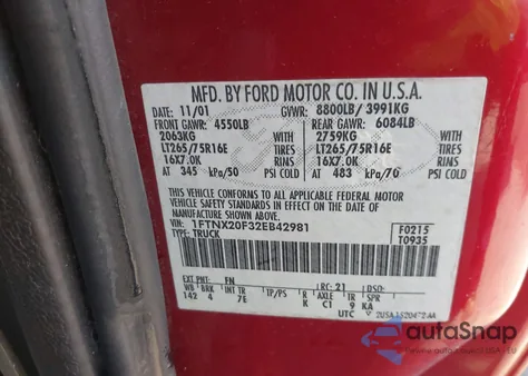 2002 Ford F-250 Lariat/Xl/Xlt из США, поврежденный, VIN 1FTNX20F32EB42981